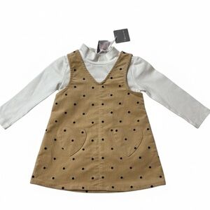 Tahari Tan Dress with Black Dots and White Shirt